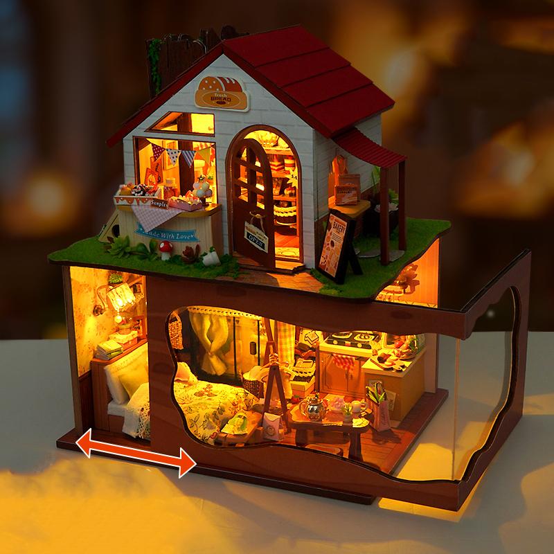 DIY Wooden Bakery Store Casa Doll Houses Miniature Model Kits Forest Bedroom Dollhouse Furniture Girls Birthday Gifts