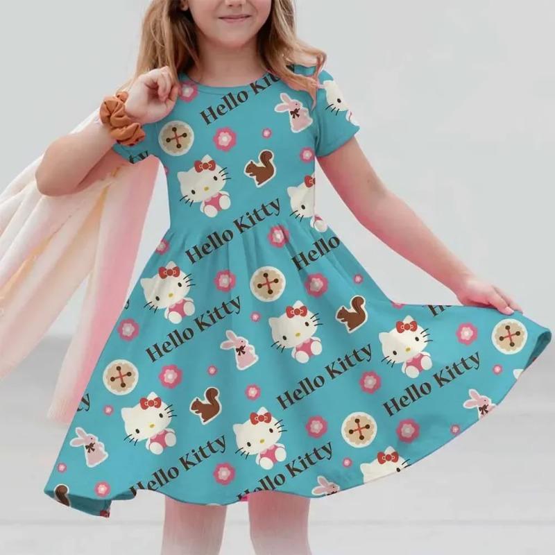 New Summer Dress Fashion Cartoon Cute Hello Kitty 3D Print Dresses Kids Short Sleeve Princess Girls Party Children Clothes
