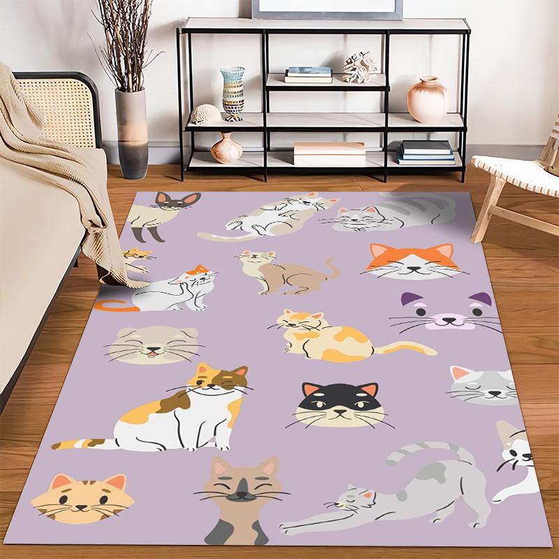 Cute Cartoon Cat Pattern Carpet with Colorful Cats On a Purple Background Design Suitable for Use As an Anti-slip for Room and Bedroom Sofas
