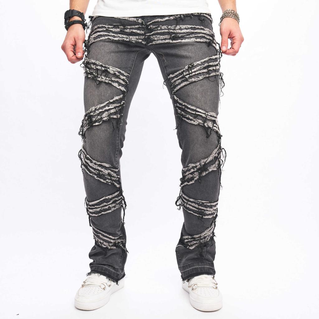 New Ripped Men'S Jeans With Cat Whiskers Sewn Fabric, Fashionable Elastic Loose Wide Leg Pants, Casual Men'S Pants