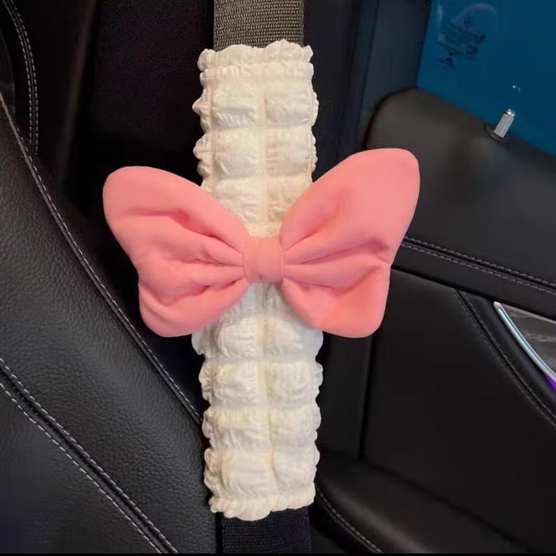 Cute Pink Bow Puff Plush Car Seat Belt Cover Soft Seatbelt Shoulder Pad Protector Auto Neck Support Cushion For Women Girls