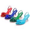 7cm Silver Light Mouth Pointed Sandals Rhinestone Glass Flower Thin Heel Sandals Large Size Wedding Shoes Bride Wedding Women's Shoes