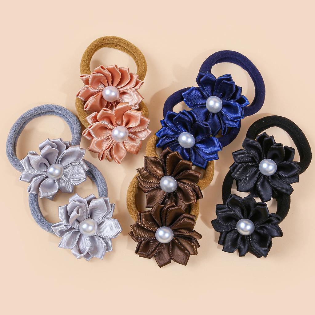 10pcs Flower Hair Ties Kids Girls Hair Bands Elastic Nylon Headband Pearl Floarl Ponytail Holder Hair Accessory for Girls