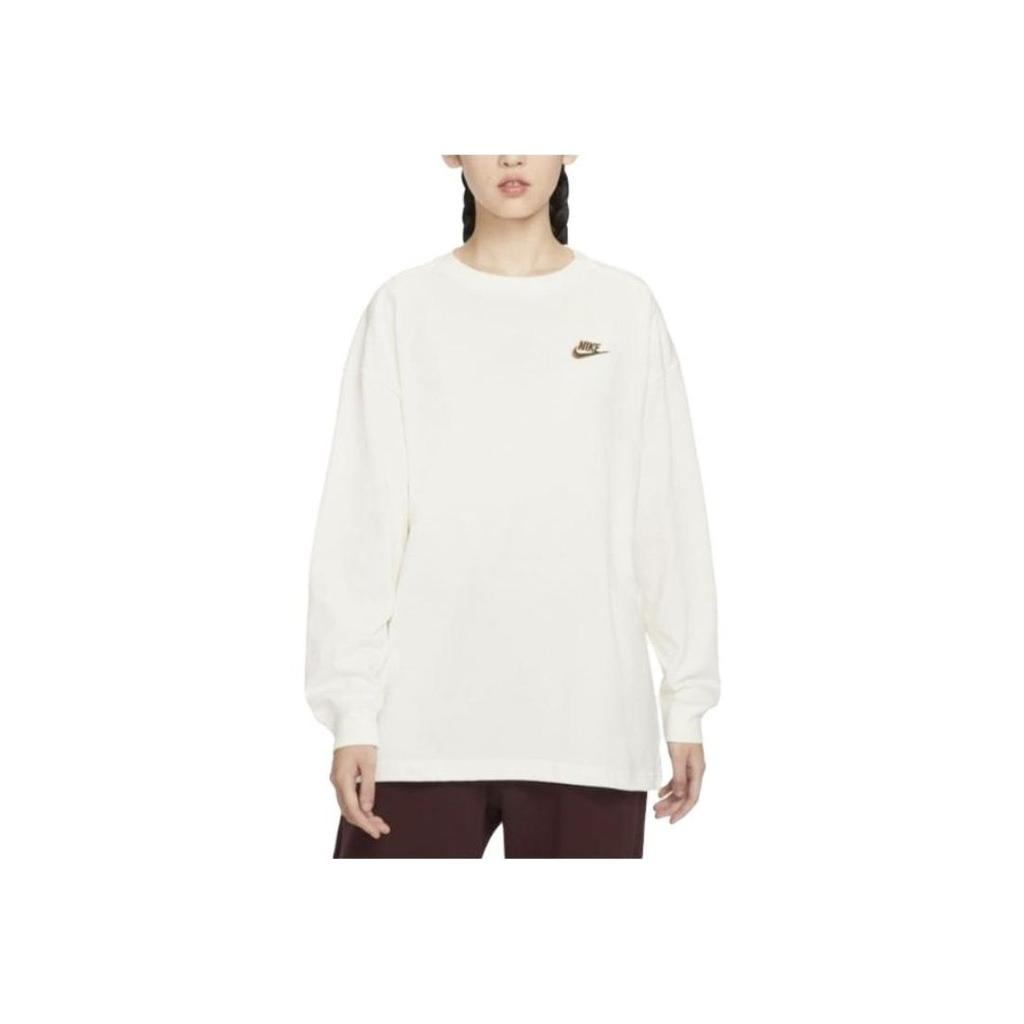 Nike Logo Print Loose Fit Crew Neck Long Sleeve Drop Shoulder T-Shirt Women Tops Beige HJ0838-133