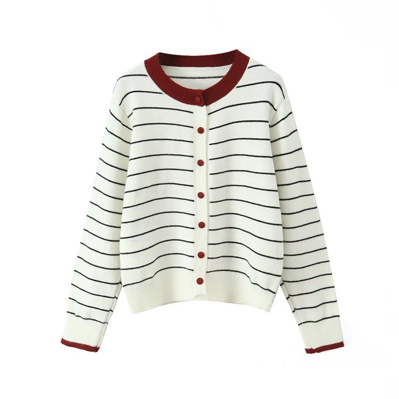 Kaslead New Women Clothes Western Style All-Match Fashion Stripe Round Neck Long Sleeve Sweater Cardigan