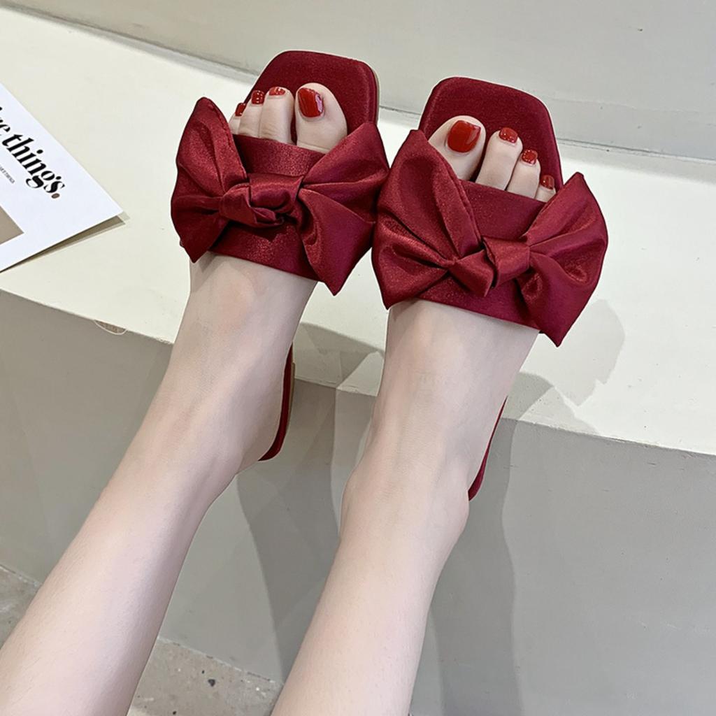 Silk Fabric Bow, Flat Bottomed Slippers, Breathable Casual Women's Shoes, Lightweight Cool Slippers