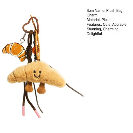 Cute Plush Keychain with Face Soft Fluffy Croissant Baguette Pendant Smiling Bread Bag Charm