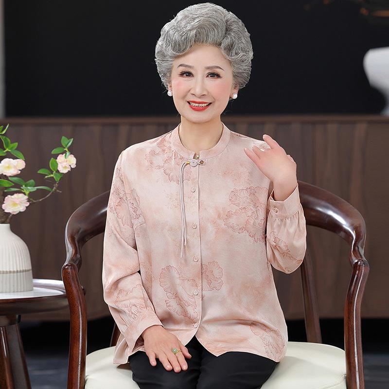 

Elegant Chinese-Style Silk Shirt for Women - Spring/Summer Grandma Outfit, Loose Fit for Middle-Aged and Elderly 2XL (for 110-120 jins) розовый