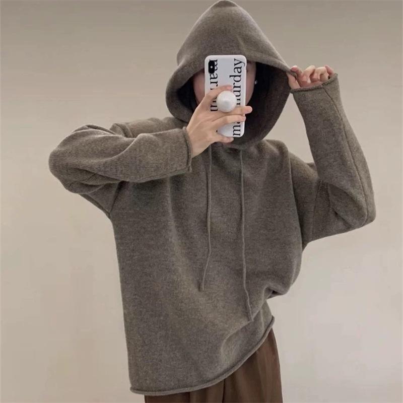 

Solid Color Loose Pullover Sweater Hooded Knitted Sweater Top for Women 3XL верблюд