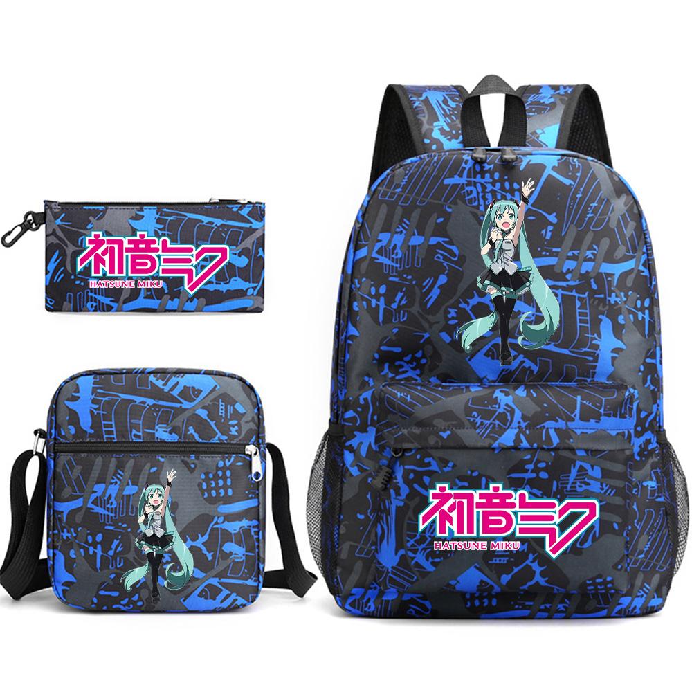 3Pcs/set Anime Cartoon Hatsune Miku Printed Backpack with Shoulder Bag Pencil Case for Teenager Student Boy Girl Large Capacity Waterproof Schoolbag