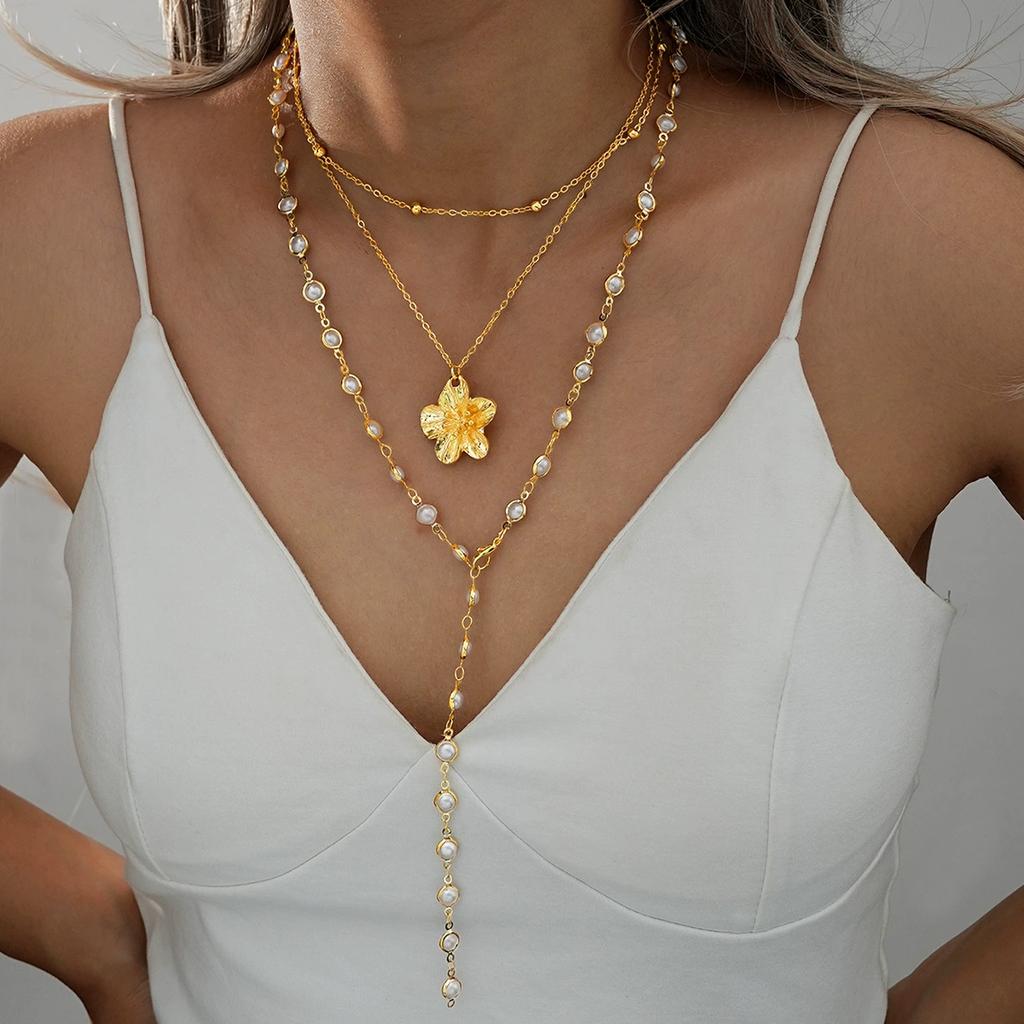 Boho Gold Color Multi-Layer Necklace Set for Women Fashion Zircon Bow Knot Water Drop Heart Pendant Necklaces Jewelry