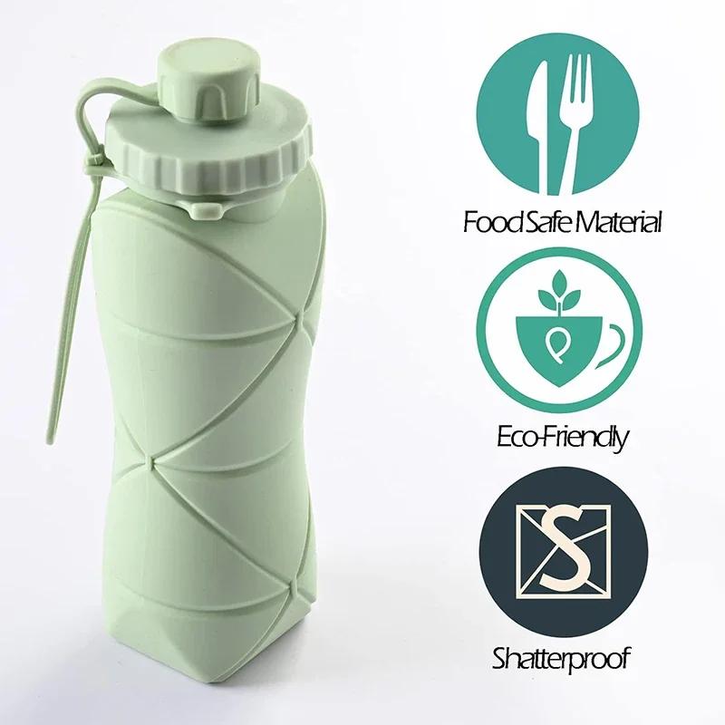 Silicone Folding Water Bottle Sport Camping Reusable Adult Portable Hiking Motivational Drinking Bottle Cycling Kettle 600ML