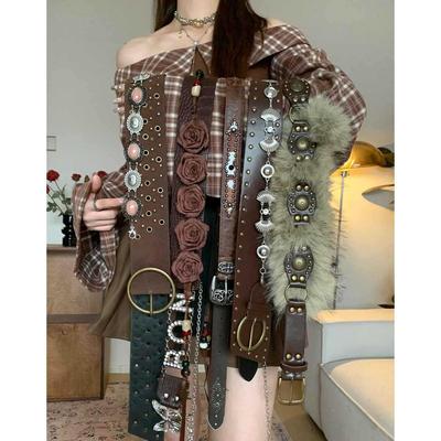 Women's Retro Brown Studded Western Belt with Floral Shell Waist Chain for Dresses and Jeans