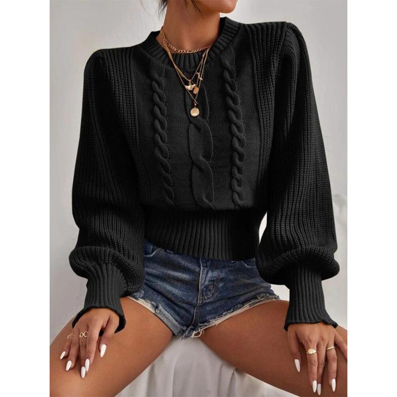 Сплошной цвет вязаный свитер женский пуловер с круглым вырезом и рукавами-фонариками топ One size чёрный 3637₽