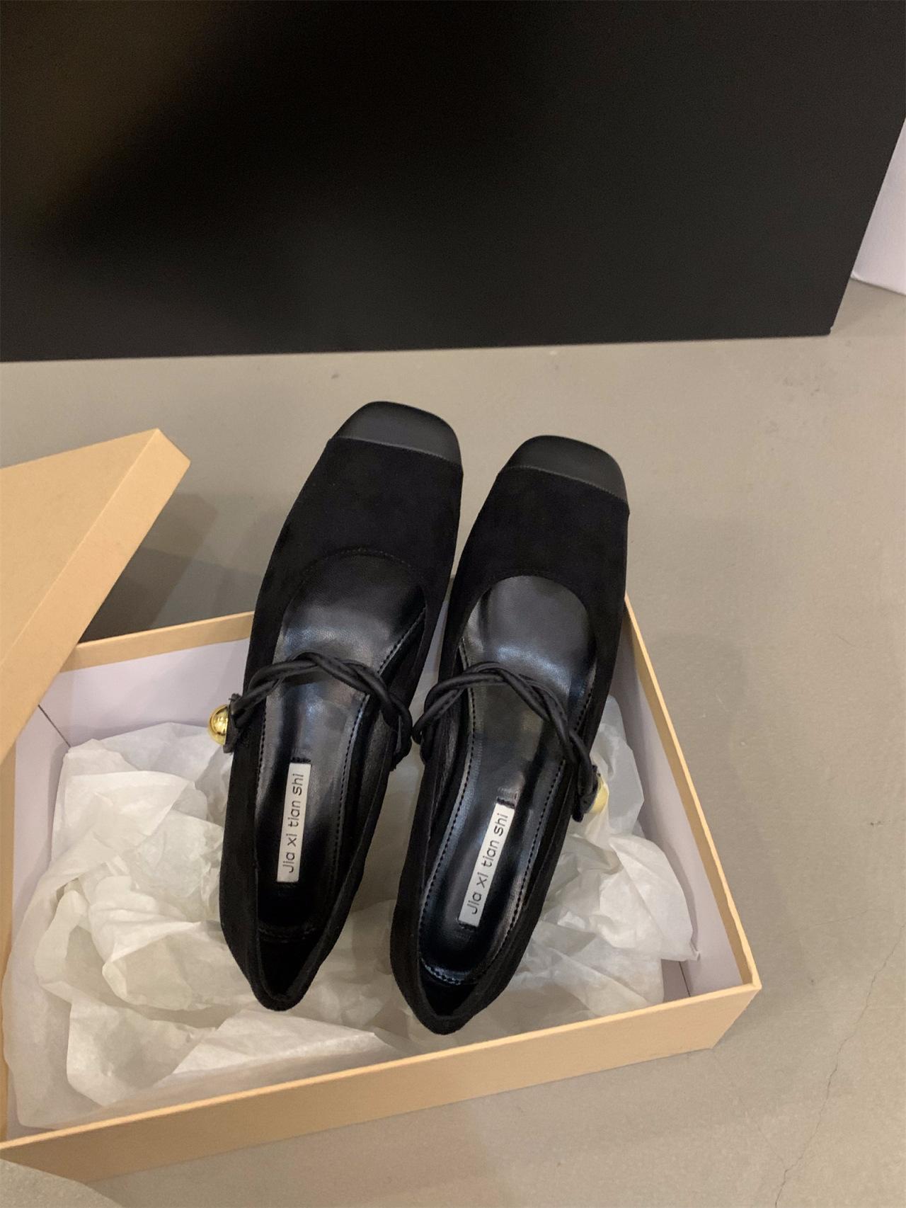 

French new flat bottom shallow mouth square head skirt with 2024 Mary Jane shoes women s single shoes autumn soft temperament 40 чорний