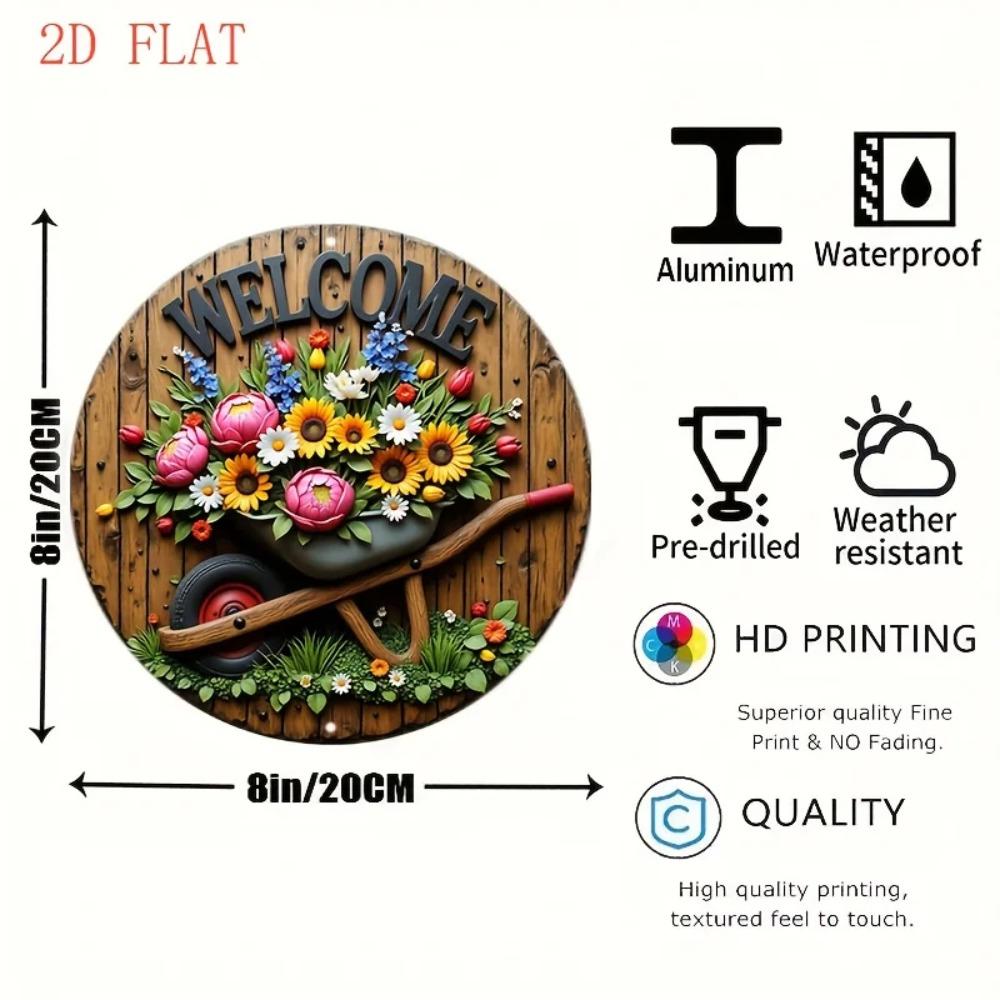 8 Inch Round Aluminum Welcome Sign, Floral Wheelbarrow Art for Home Wall Decor