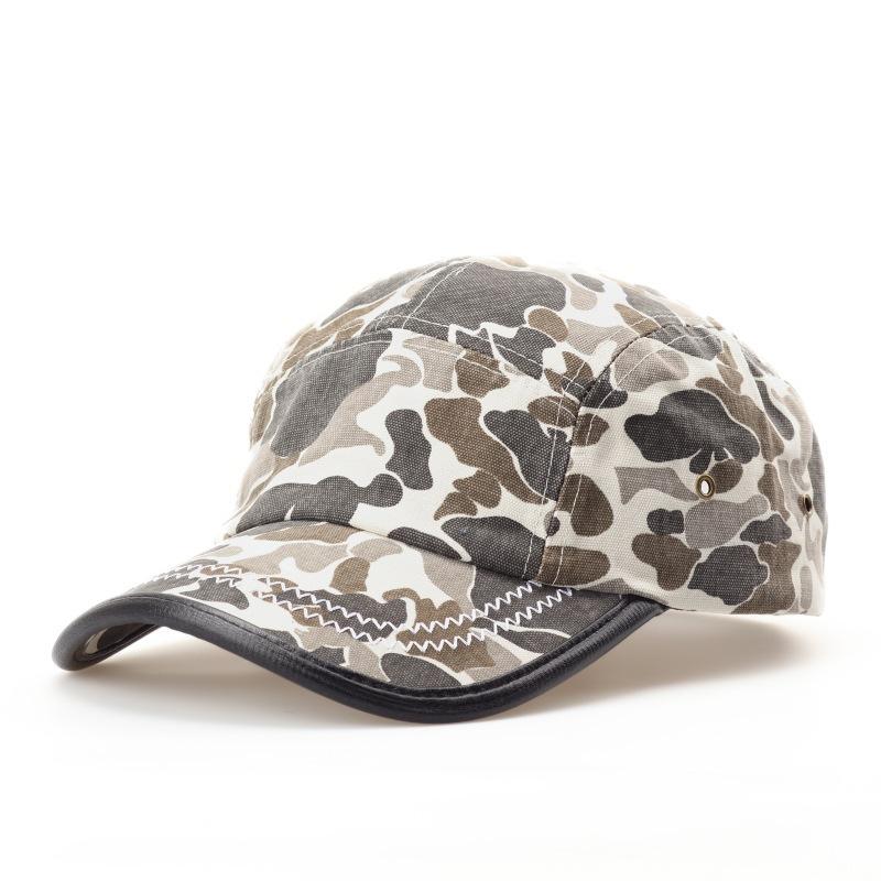 Fashion Hat vintage American camouflage leather edge baseball cap, unisex workwear style five-piece baseball cap, face-enhancing small bun cap