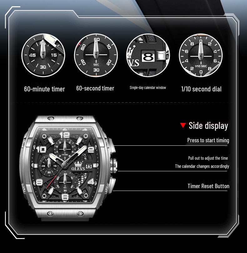 Reloj de Cuarzo Impermeable Multifunción con Forma de Barril para Hombre Oulishi