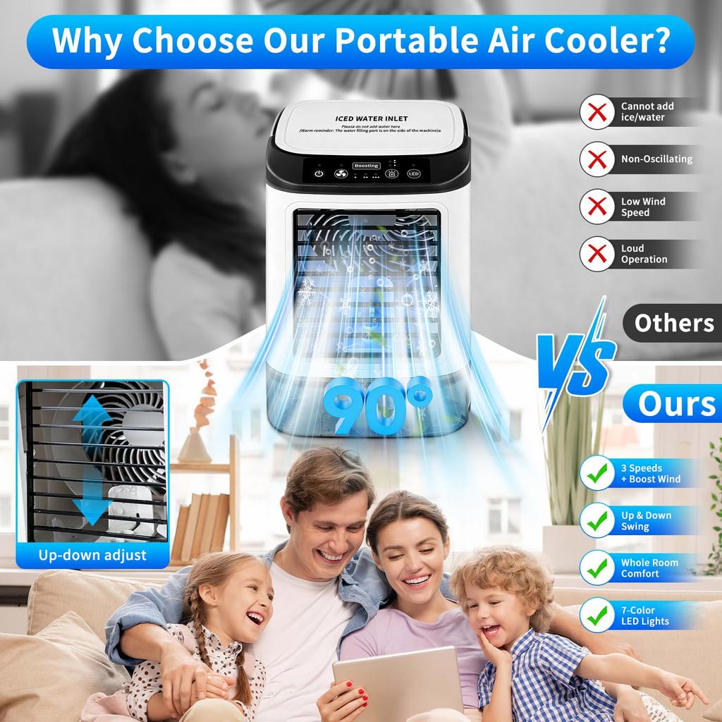 Portable Air Cooler: 900ML Water Tank 4-in-1 Evaporative Cooling Fan - Quiet 4-Speed with 2 Mist Settings for Bedroom Office Travel