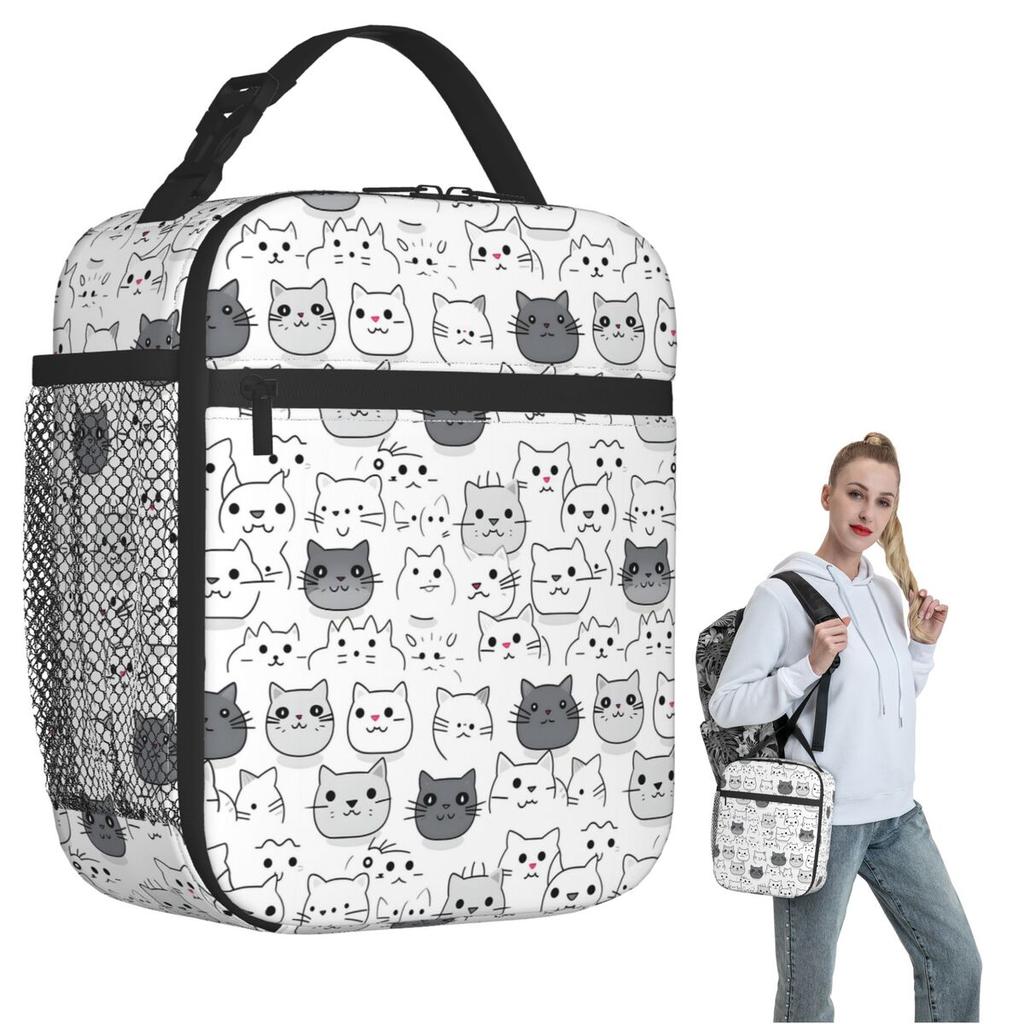 Borsa Termica per Pranzo con Fantasia Gatto Grigio Cartone Animato per Donne Bambini Scatole per Cibo Portatili Pranzo Termico Borsa Tote