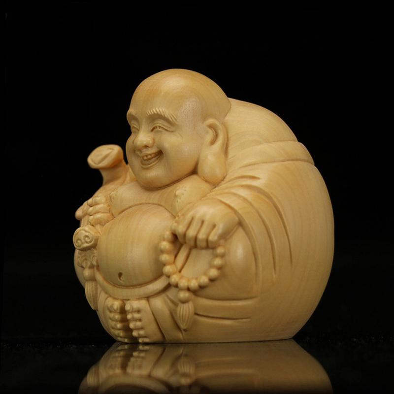 Natural Solid Wood Carving Laughing Buddha, Figure Statue Chinese God of Wealth Cute Home Room Office Car Decoration Figurine