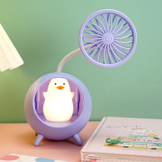 Desk Lamp Small Fan with Adjustable Bendable Pole Stable Base Quiet Motor Cartoon Chick Rabbit Design Dorm Room Fan Light