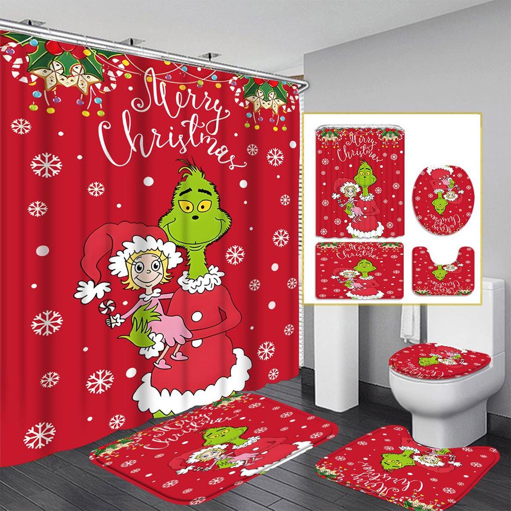 Christmas Green-Haired Pattern Shower Curtain Four-piece Set With 12 Hooks Polyester Waterproof Shower Curtain.