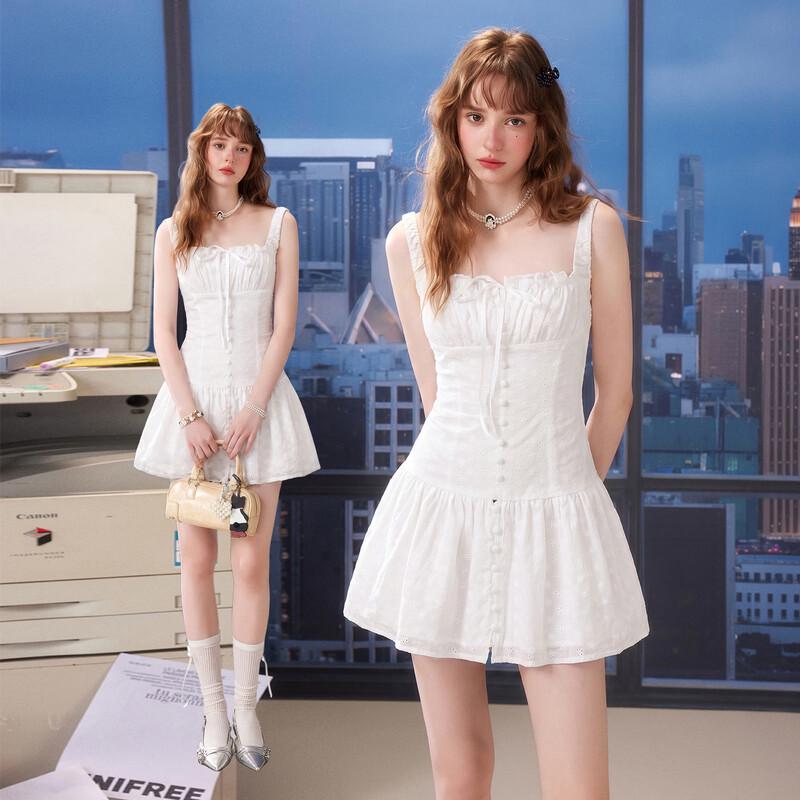 unifree French Retro Ruffled Pleated Camisole Dress