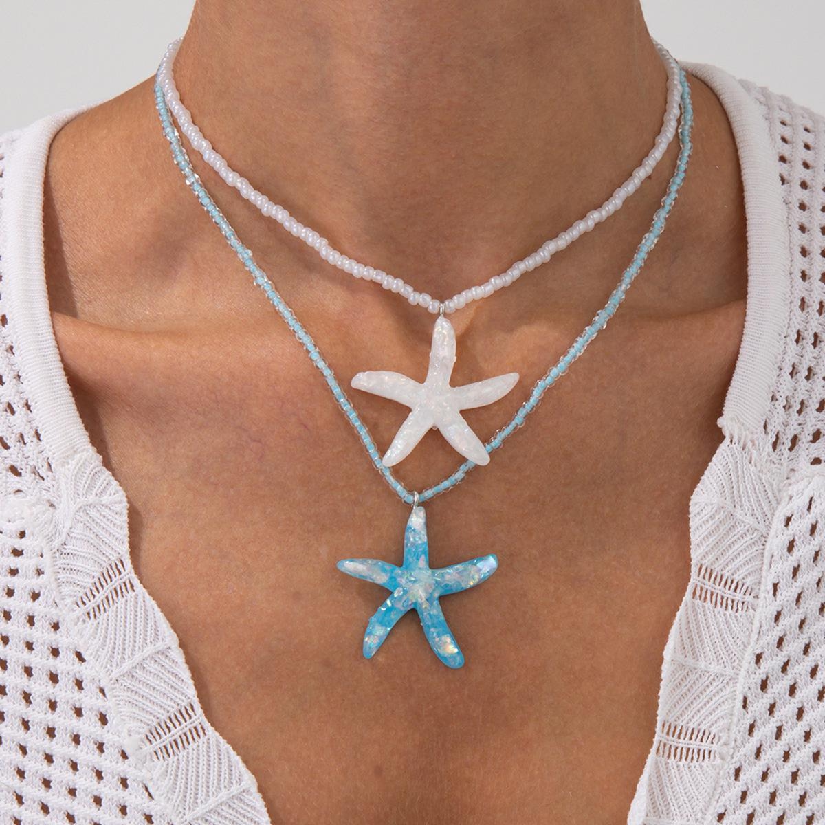 Arts & Hobbies Women's Silver/White/Blue Beach Ocean Wind Starfish Pendant Necklace Bohemian Rice Bead Beaded Clavicle Necklace