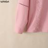 VONDA Women Casual Lapel Neck Crochet Lace Splice Long Sleeve Blouse Shirts