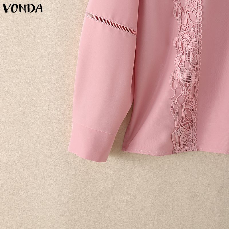 VONDA Women Casual Lapel Neck Crochet Lace Splice Long Sleeve Blouse Shirts