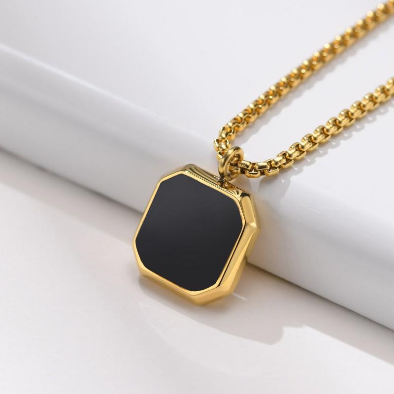 Stainless Steel Square Pendant Necklace Men Long Chain Layered Hip Hop Jewelry Geometric Titanium
