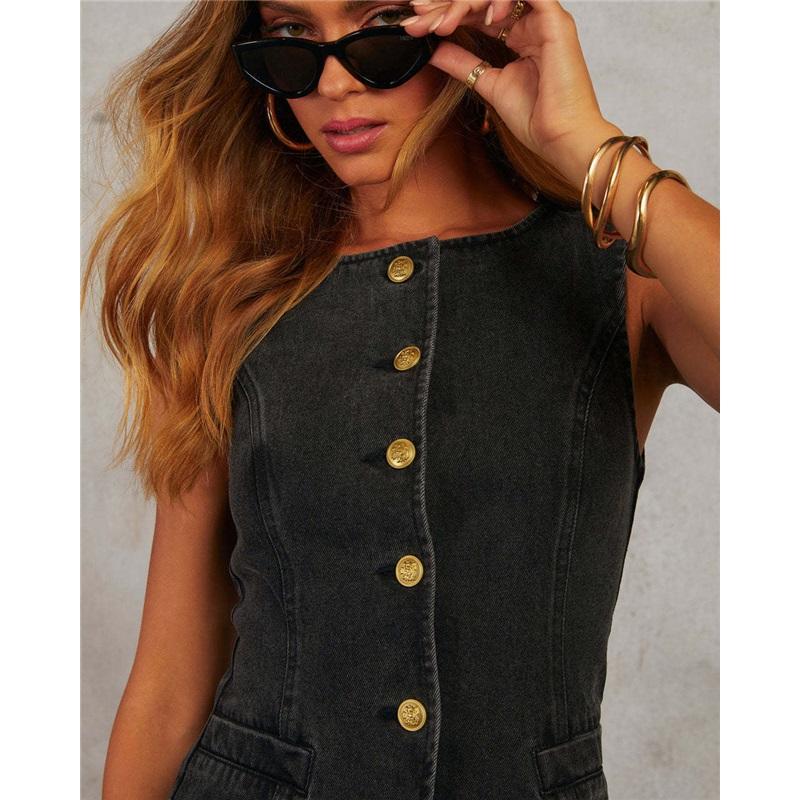 European And American Temperament Button Sleeveless Vest Wide-leg Jeans Denim Jacket