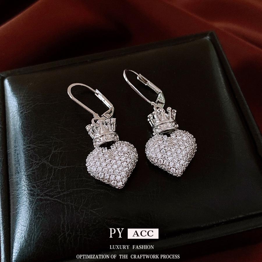Full Diamond Micro-inlaid Zircon Crown Love Unique Earrings Women's High Sense Light Luxury Temperament Heart-shaped Ear Buckle