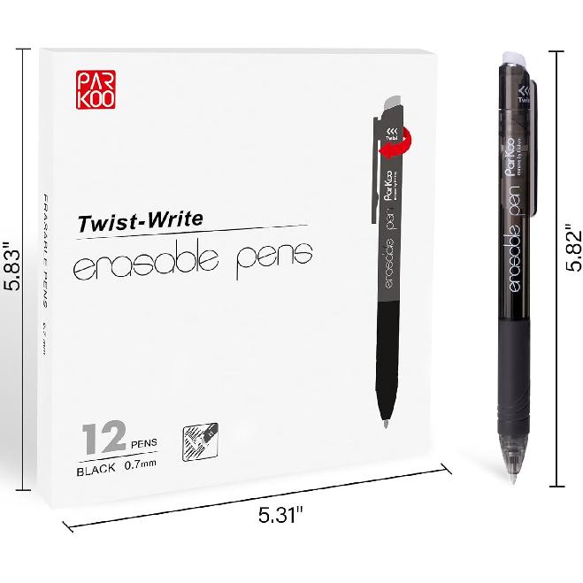 ParKoo Retractable Erasable Gel Pens 0.7mm, 12 Black Twist Pens Fine Point, Make Mistakes Disappear, Smooth Writing with Comfortable Grip for