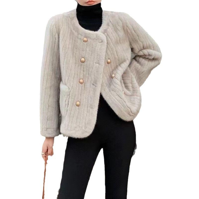 2024 Autumn/Winter Women's Faux Mink Stripe Cardigan: Round Neck, Long Sleeve, Socialite Lazy Style