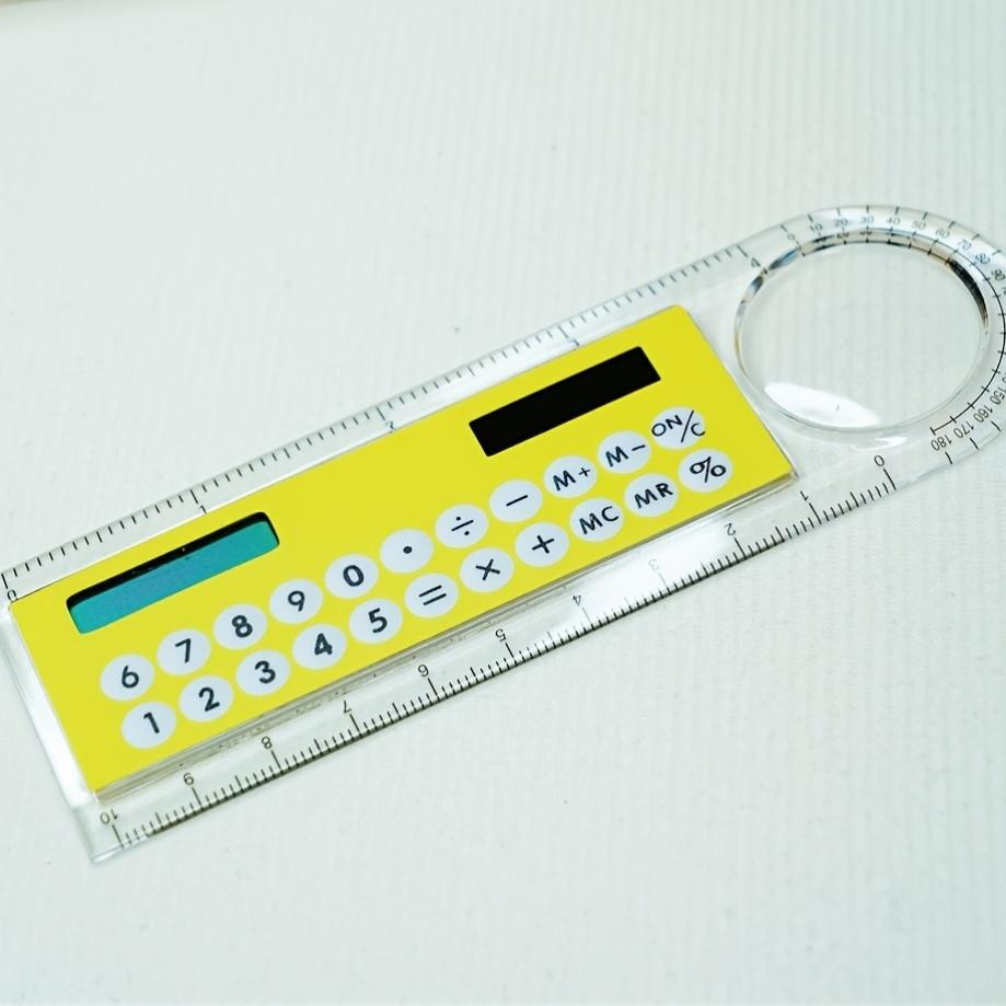 Mini Ultra-Thin Ruler with Solar Calculator & Magnifying Glass - Multi-Function School & Office Supplies, Durable Plastic, Ideal for Students