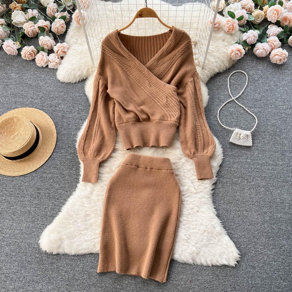 Autumn And Winter Retro Cross Sex V-Neck Bubble Sleeve Loose Sweater + High Waist Hip Knitted Half-Body Skirt Two-Piece Set