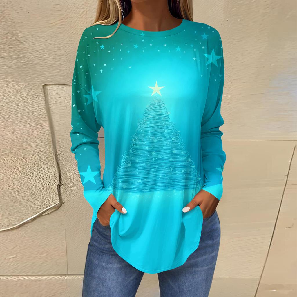 Dames Losse Comfortabele Casual Mode V-Hals Kerstprint Lange Mouw Hoodie