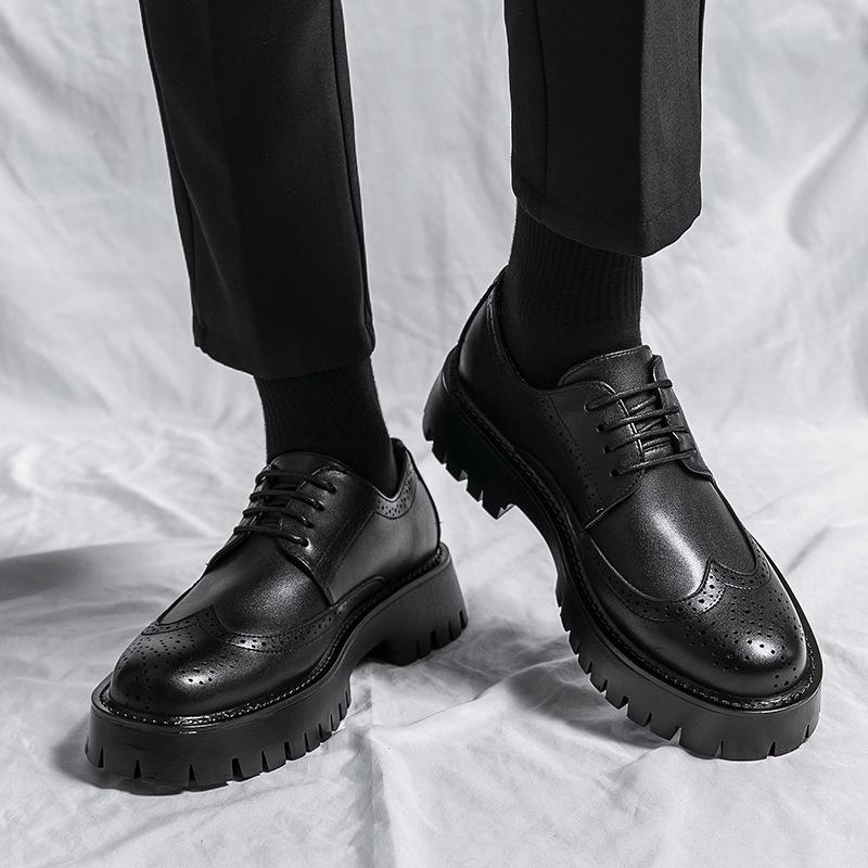 Men's Thick Sole Lace-Up Brogue Leather Shoes - Spring/Autumn Casual Height-Boosting Low-Tops for Teens