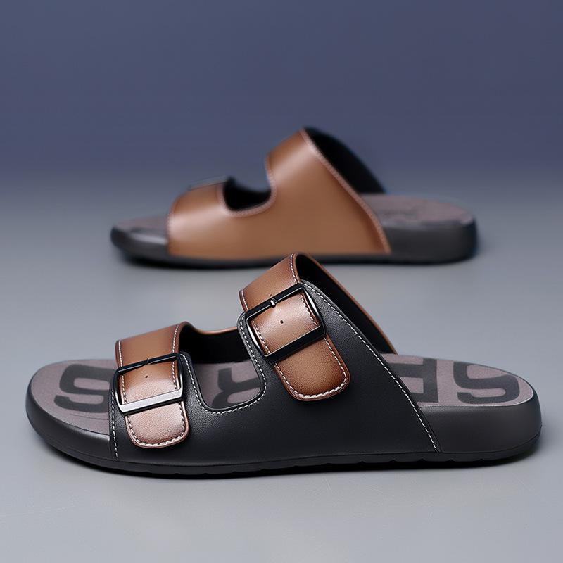 Leather sandals high-end men's 2025 summer new trendy shoes soft-soled business casual shoes men wear microfiber slippers soft leather