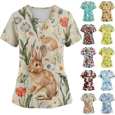 Damen Kurzarm V-Ausschnitt Kordelzug Osterhase Ei Print Tasche Top