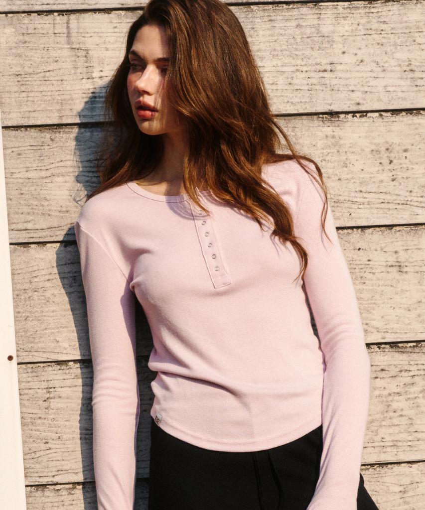 ERER Henley Neck Soft T-Shirt Light Pink
