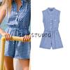Spring and Summer Women's Clothing Fashion Style Curling Sleeves Plaid Minimalist Sleeveless Lapel One-Piece Shorts 3075867