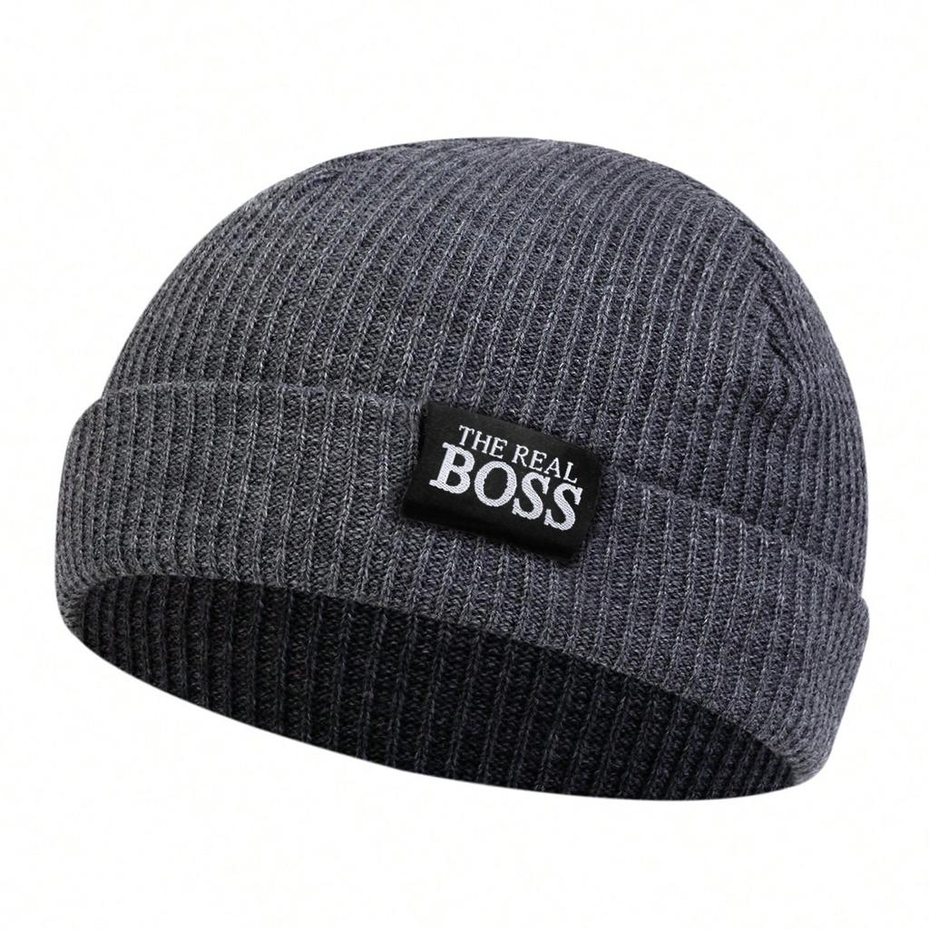 Unisex The Real Boss Label Decoration Hip Hop Melon Skin Hat Winter Cycling Warm Caps Knitted Hats Spring Autumn Outdoor Sport Travel for Women Men