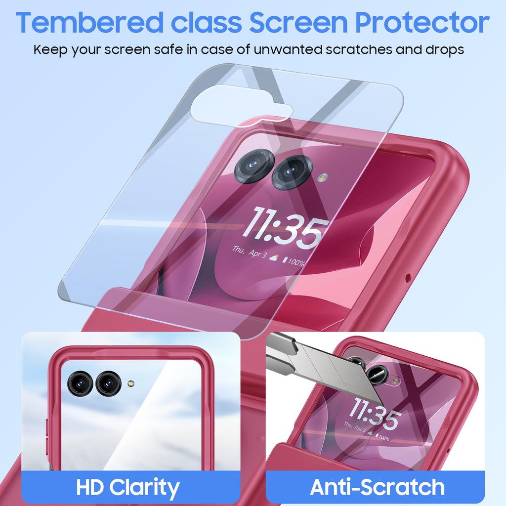 Für Motorola Razr Ultra 2025/Razr Ultra 2026 mit integriertem Displayschutz, Ringhalter, Scharnierschutz, Robuste Hülle, Durchsichtige Matte Abdeckung - Rosenrot