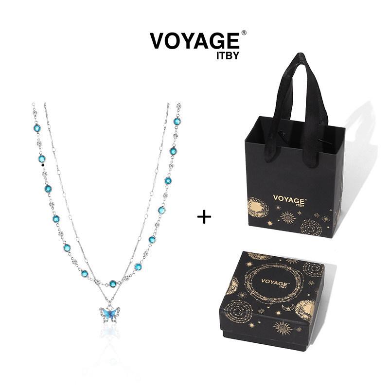 Double Layer Deep Blue Butterfly Pendant Necklace for Women - Chic, Layered Clavicle Chain with Light Luxury, High-End Niche Design