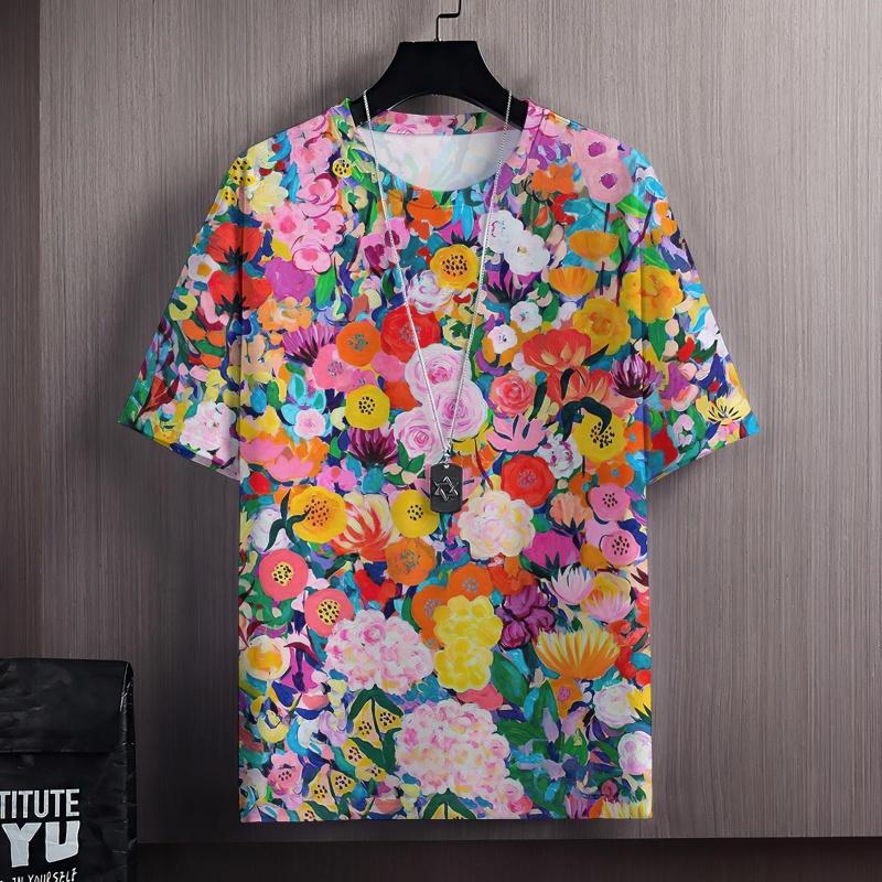 Colorful Flowers Clusters 3D Print T Shirt For Men Grass Plant Pattern Tees Summer Casual Short Sleeve Tops Round Neck T-Shirts