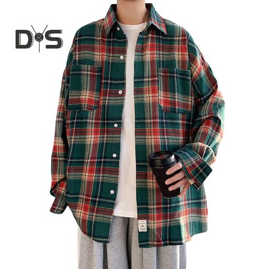 

Осенне-весенняя мужская рубашка с отложным воротником, однобортная, свободная, в клетку, с принтом, уличная одежда средней длины, кардиган, пальто с нагрудным карманом, топ L зелёный