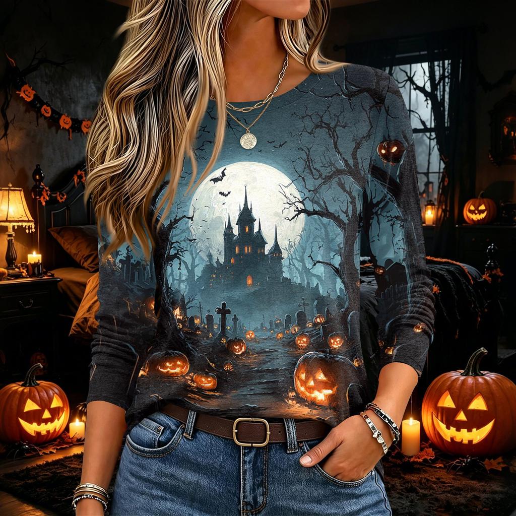 Women's Halloween Printed Neck Long Sleeve Pullover Top